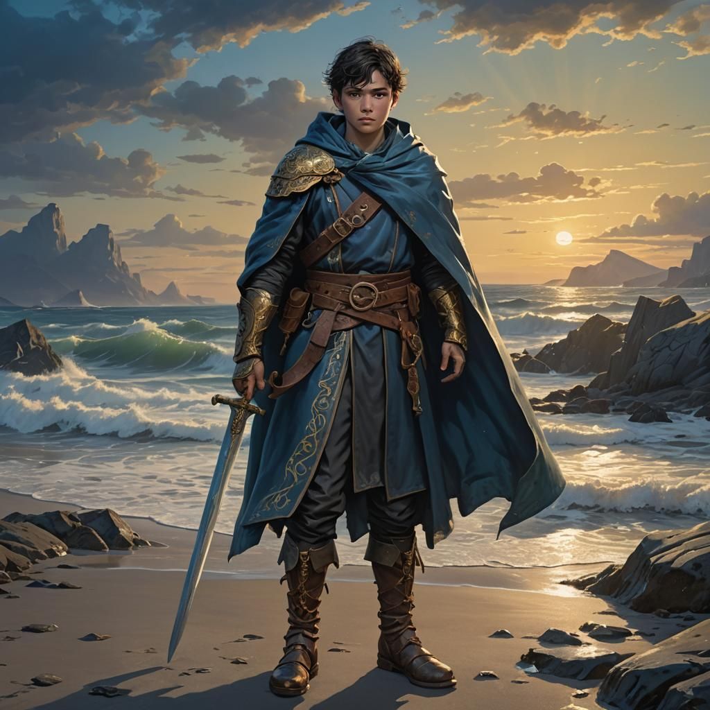 Boy Hero with Sword on Seashore at Dusk