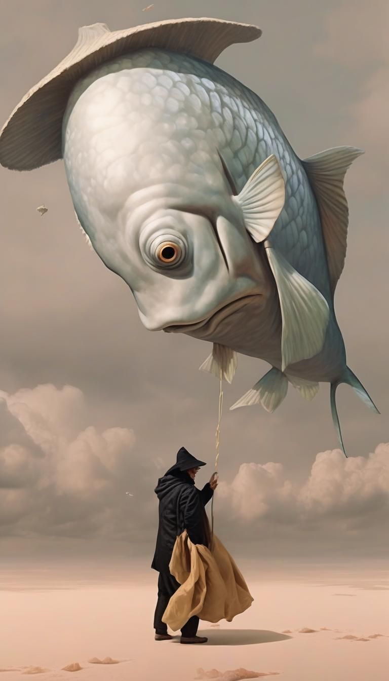 Surreal Sky: Fish and Man Drifting in Clouds