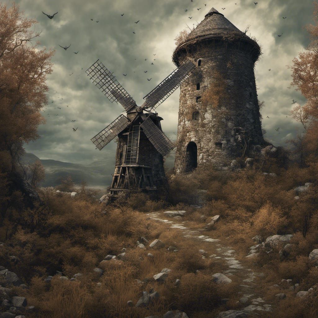 Spooky Abandoned Stone Windmill in Hyperrealistic Style