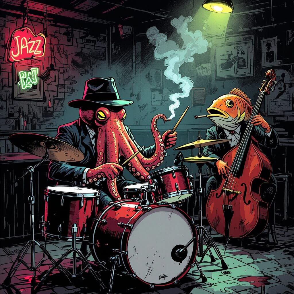Octopus Drummer and Bassist in Smoky Jazz Bar