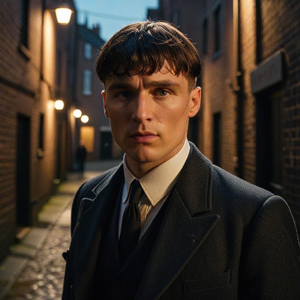Tommy Shelby in Dimly Lit Alleyway