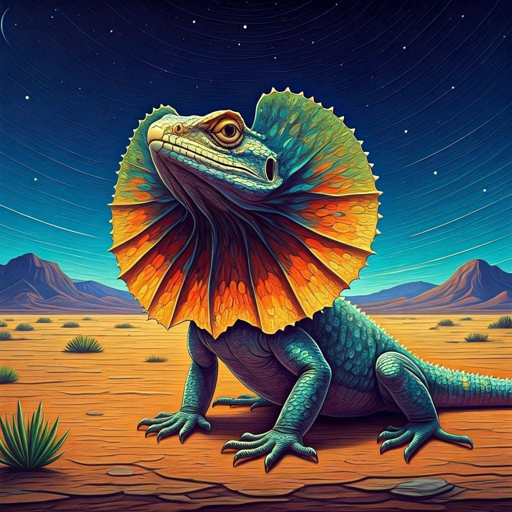 Frilled-Neck Lizard in Desert, Folk Art Impasto Oil Painting