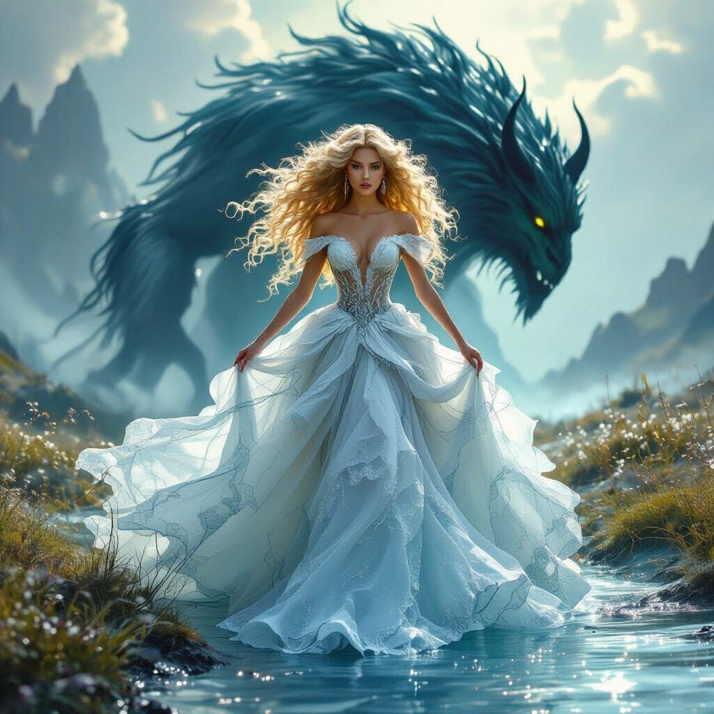 Surreal Dreamscape: Woman Flees Shadow Beast in Ice Gown