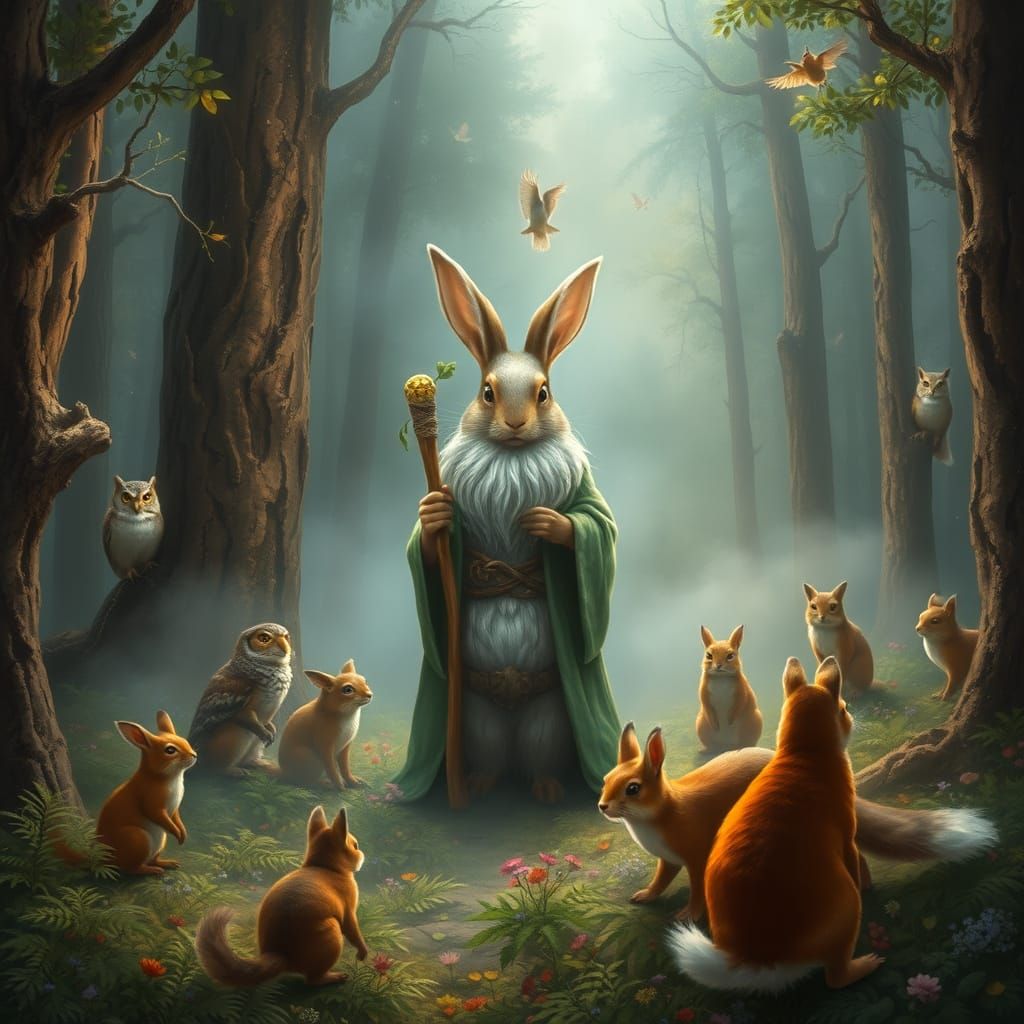 Mystical Rabbit Gandalf in Whimsical Elven Forest