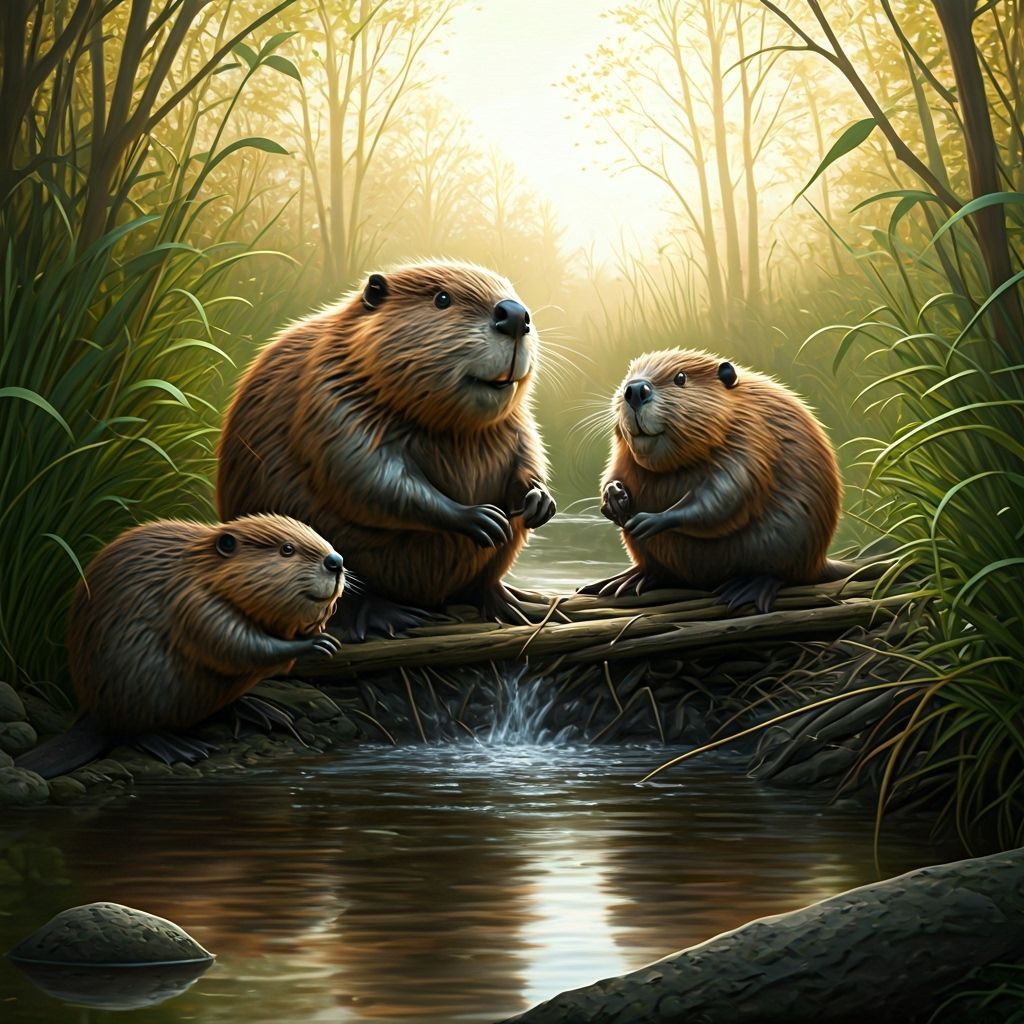 Beaver Family Builds Dam in Rustic Landscape
