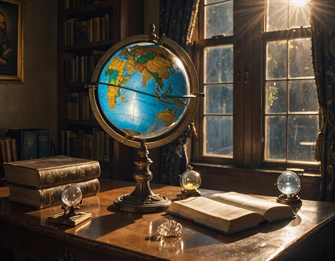 Bright Antique Globe Radiating Light in Darkness