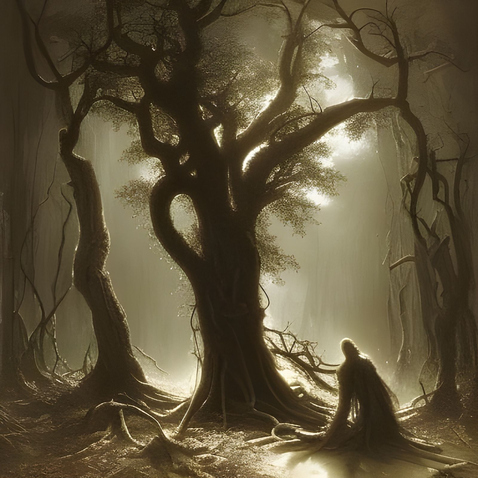 Eerie Ancient Tree in Dark Forest, Engraving Style