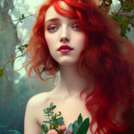 Renaissance Redhead Portrait with Flowers and Plants