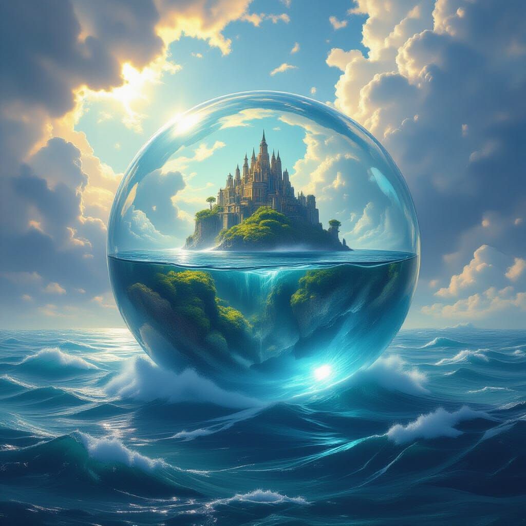 Floating Island in Glass Sphere Over Turbulent Ocean
