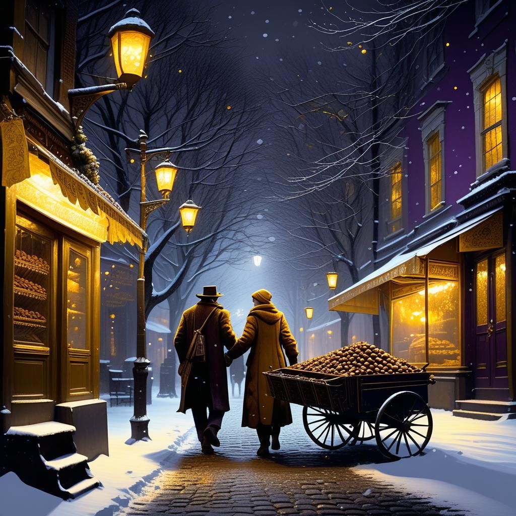 Romantic Stroll Through Snowy Night, Dark Fantasy Art