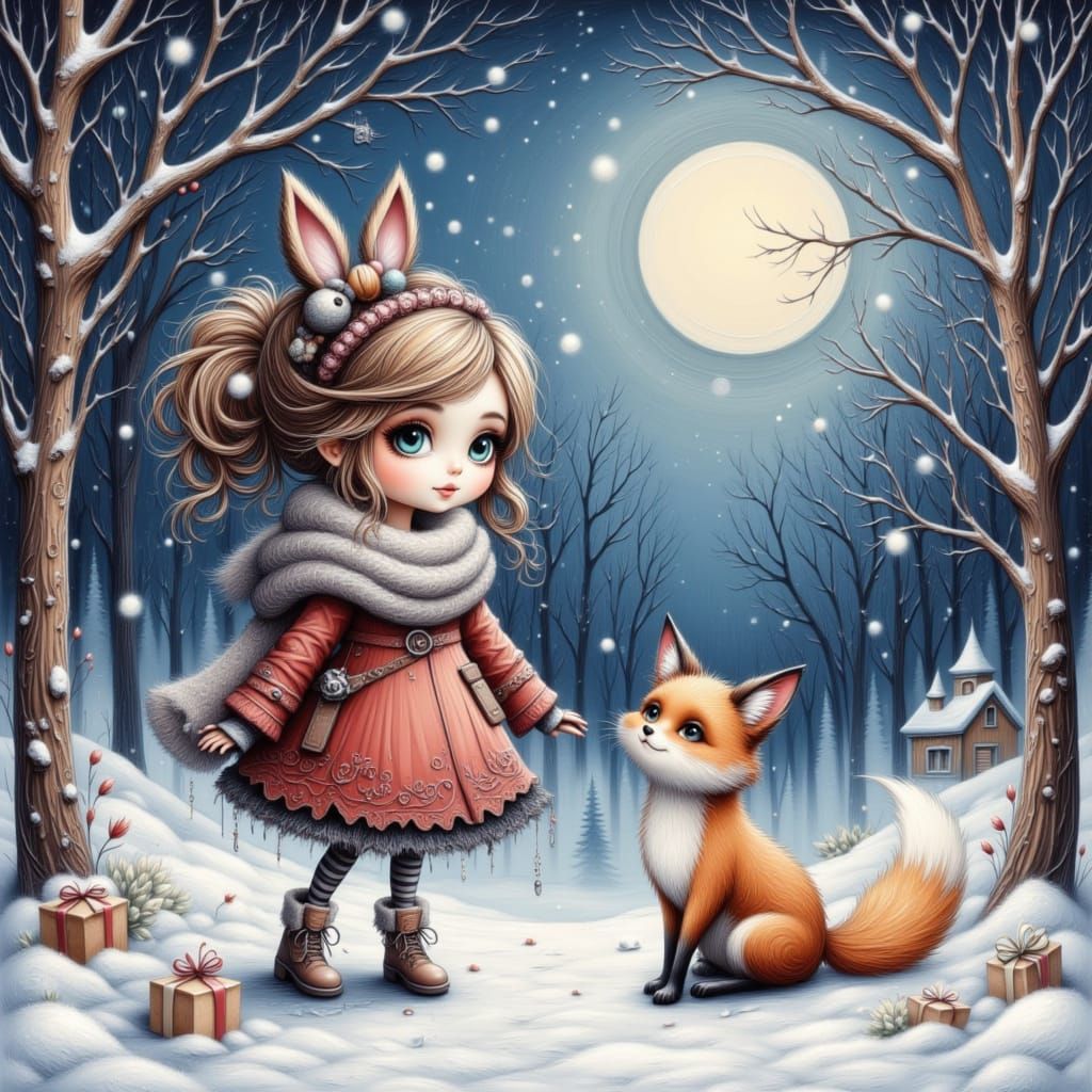 Cute Girl and Fox in Snowy Forest Under Moonlit Sky