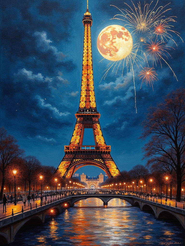 Eiffel Tower Night Scene in Pastel Art Style