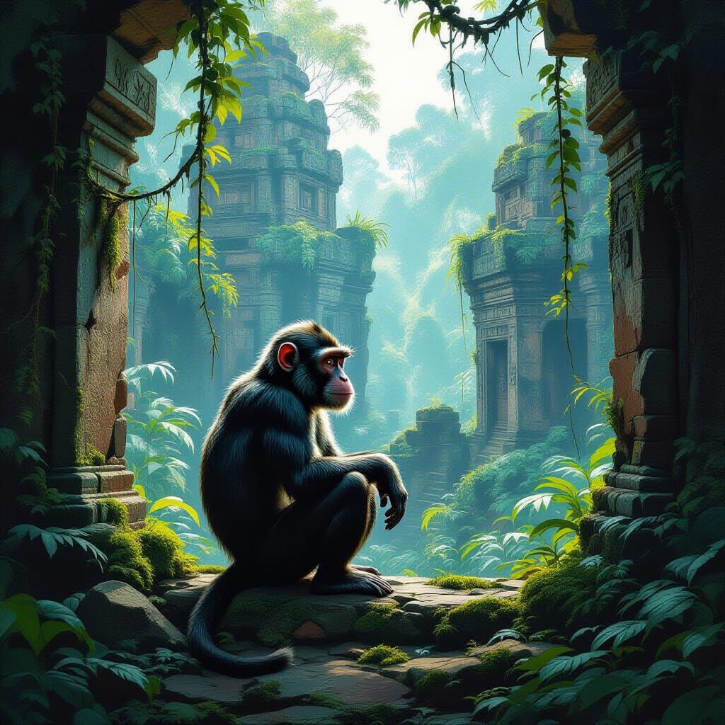 Monkey in Jungle Ruins: Fantasy Art