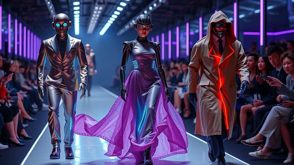 Robot Models Strutting on Futuristic Runway in High Fashion