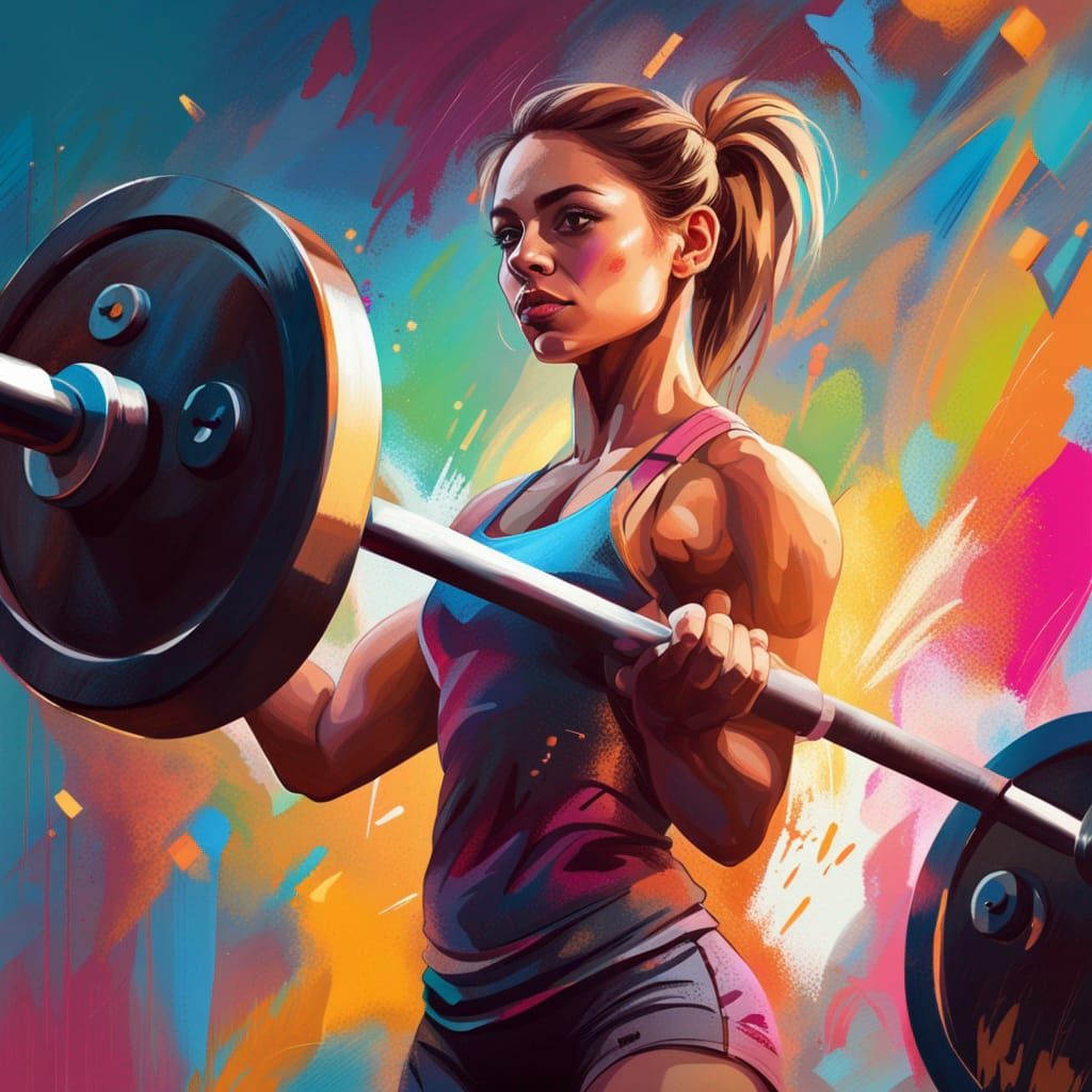 Fit Woman Lifting Barbell in Hyperrealistic Splash Art