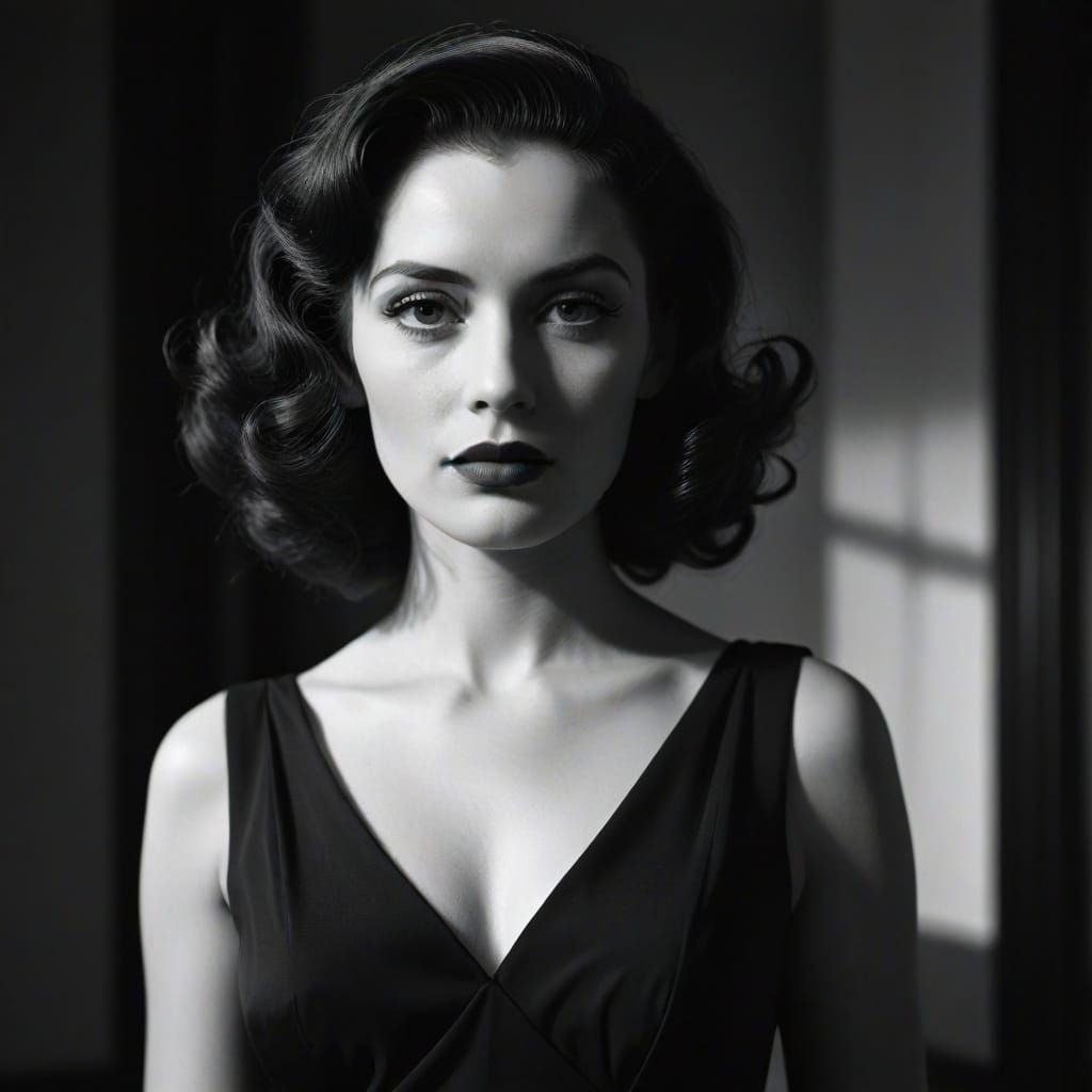 Film Noir Woman in Black Dress, 1940s Style