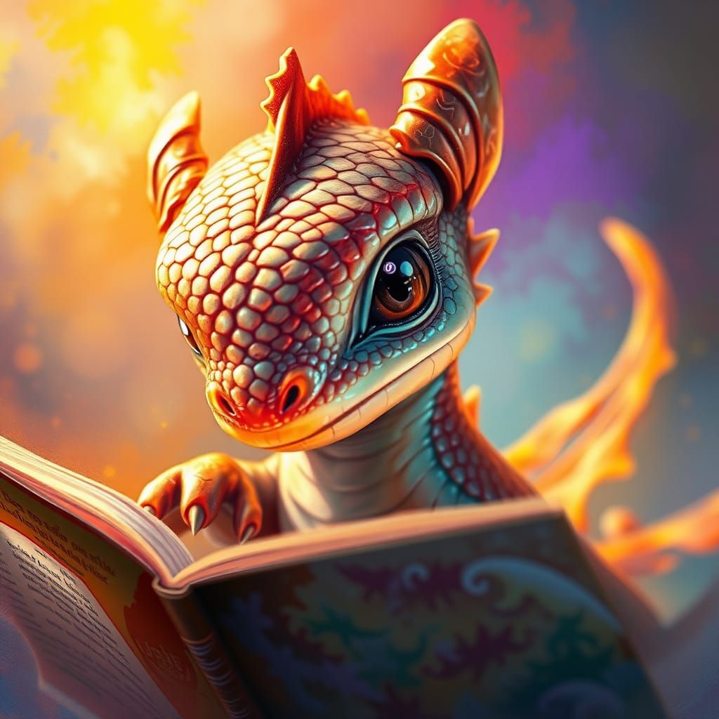 Baby Dragon Reads Storybook in Hyperrealistic Splash Art