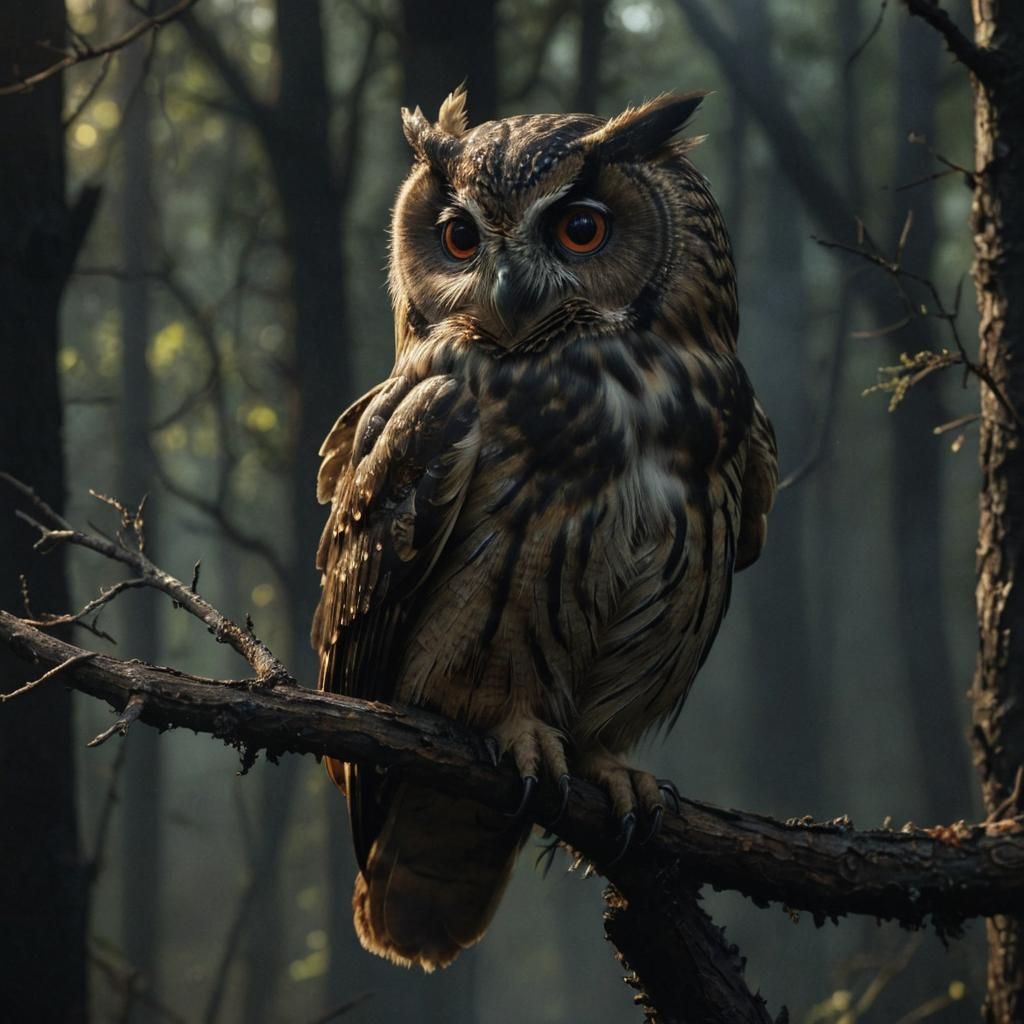 Burnt Owl in Mystical Forest: Hyperrealistic Rendering