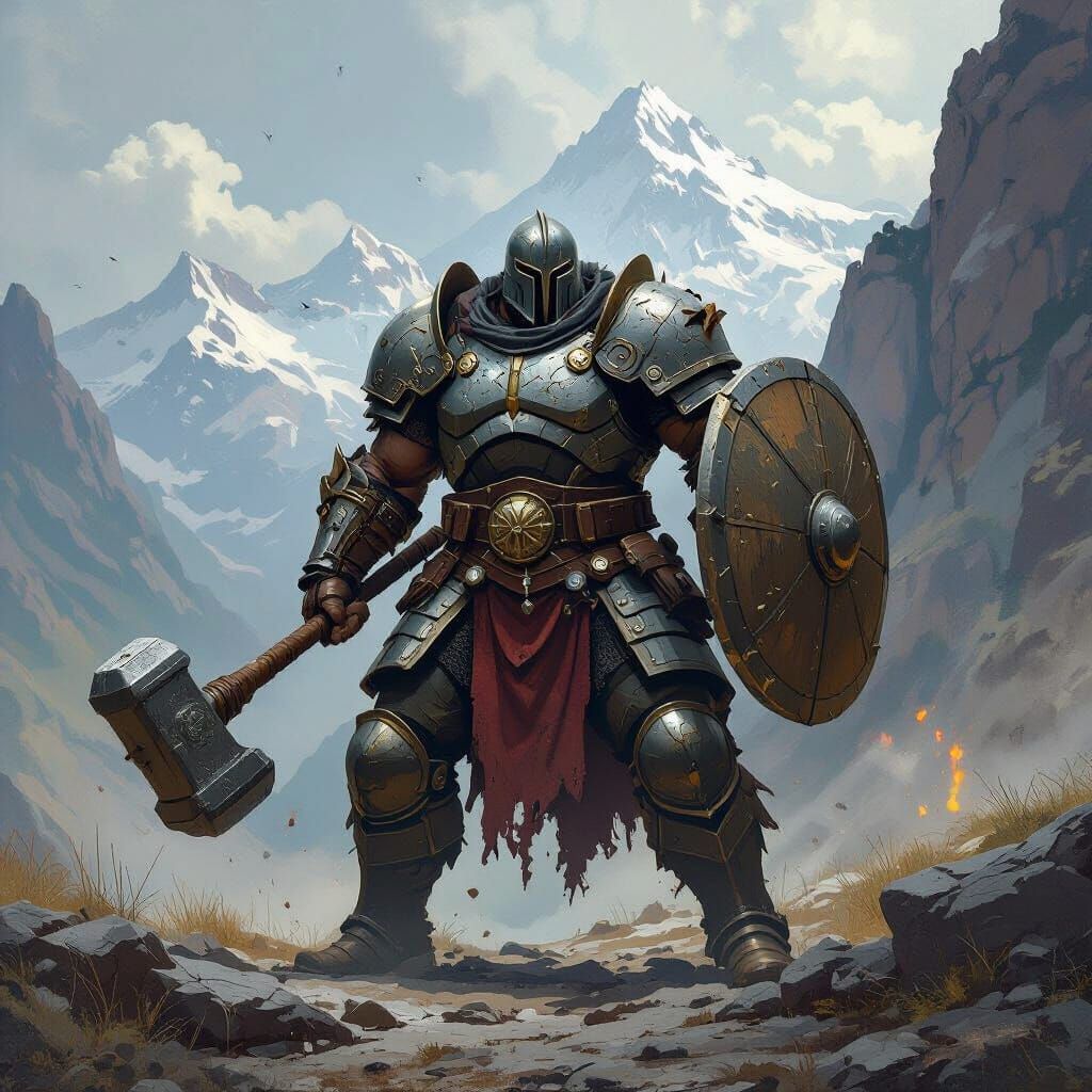 Goliath Paladin in Mountainous Landscape, Digital Art