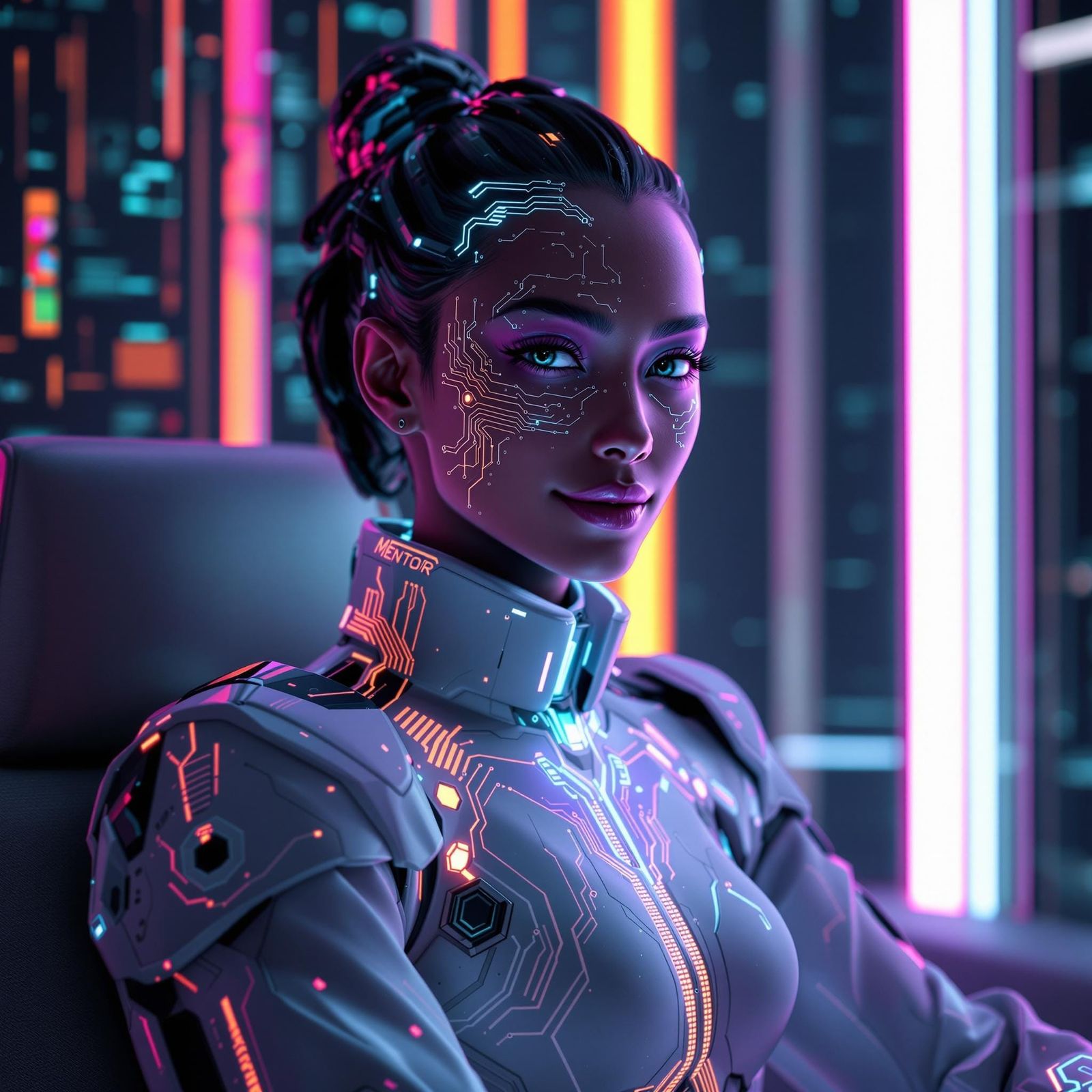 Sophisticated Digital AI MENTOR in Futuristic Setting