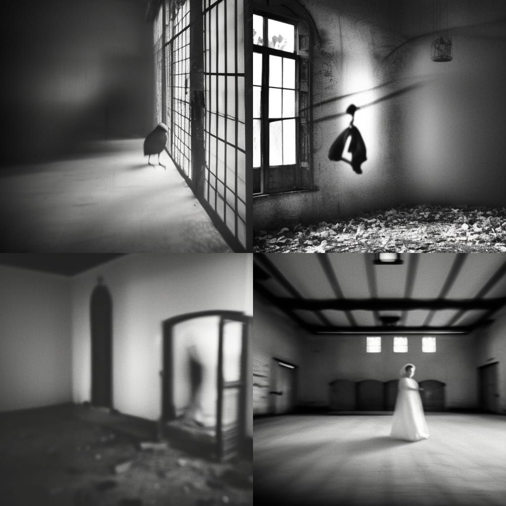 Shadowy Figure in Birdcage: Grainy Black and White Photo