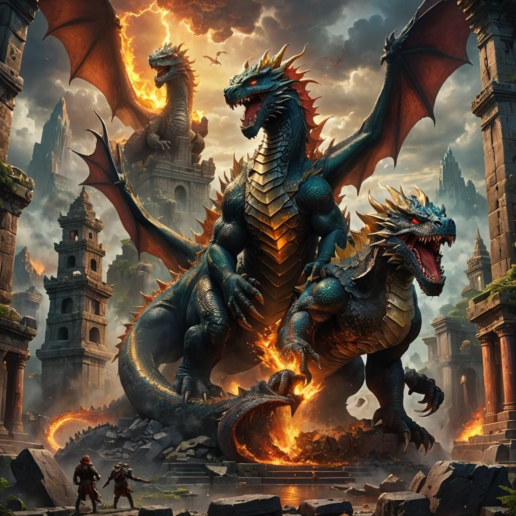 Dragons and Godzilla Clash in Fantasy Oil Painting