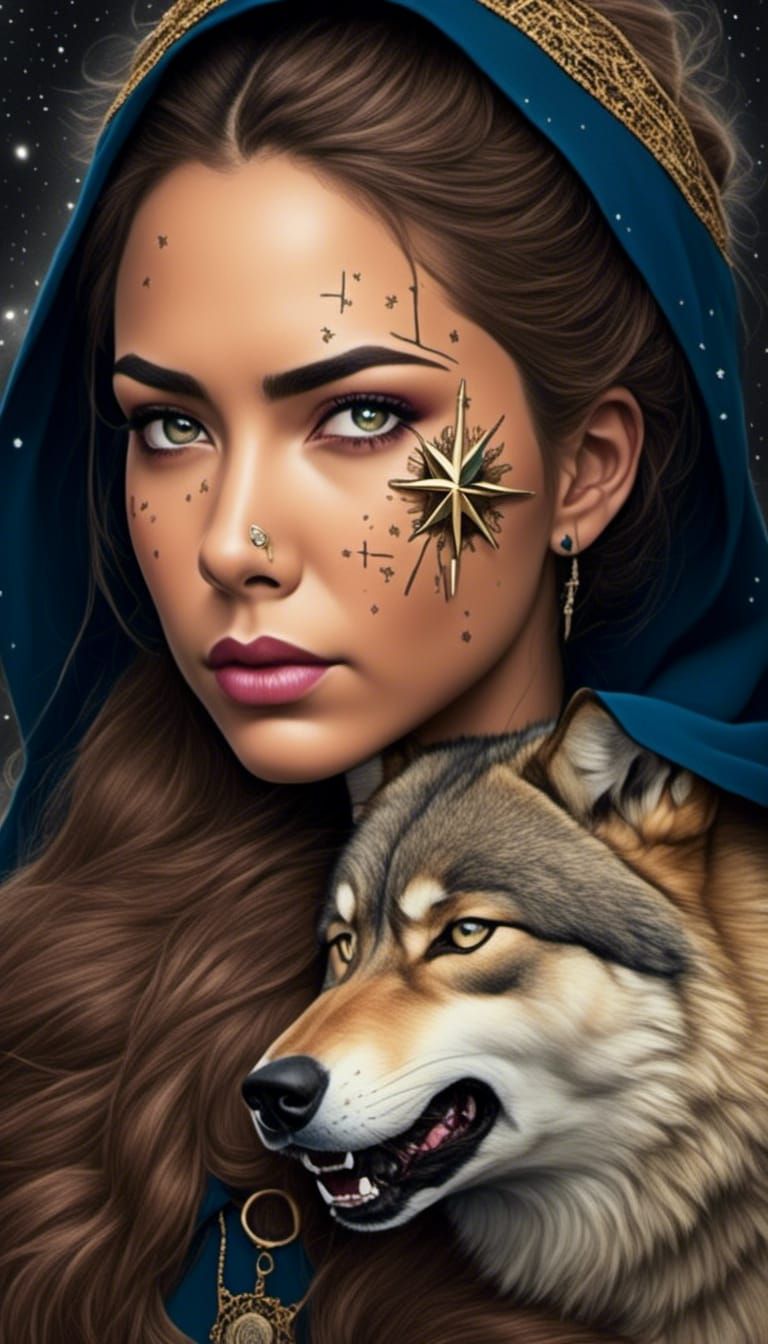 Compass Wolf Goddess in Hyperrealistic Style