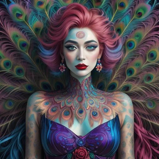 Abstract Expressionist Portrait of Woman with Peacock Hair