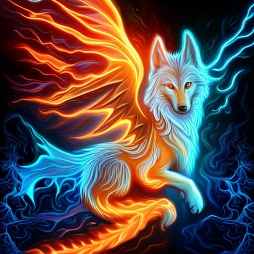 Glowing Blue Lightning Wolf with Dragon Wings