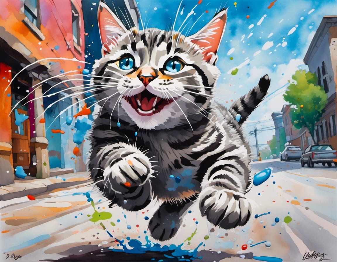 grey tabby cat with blue eyes leaping for joy!