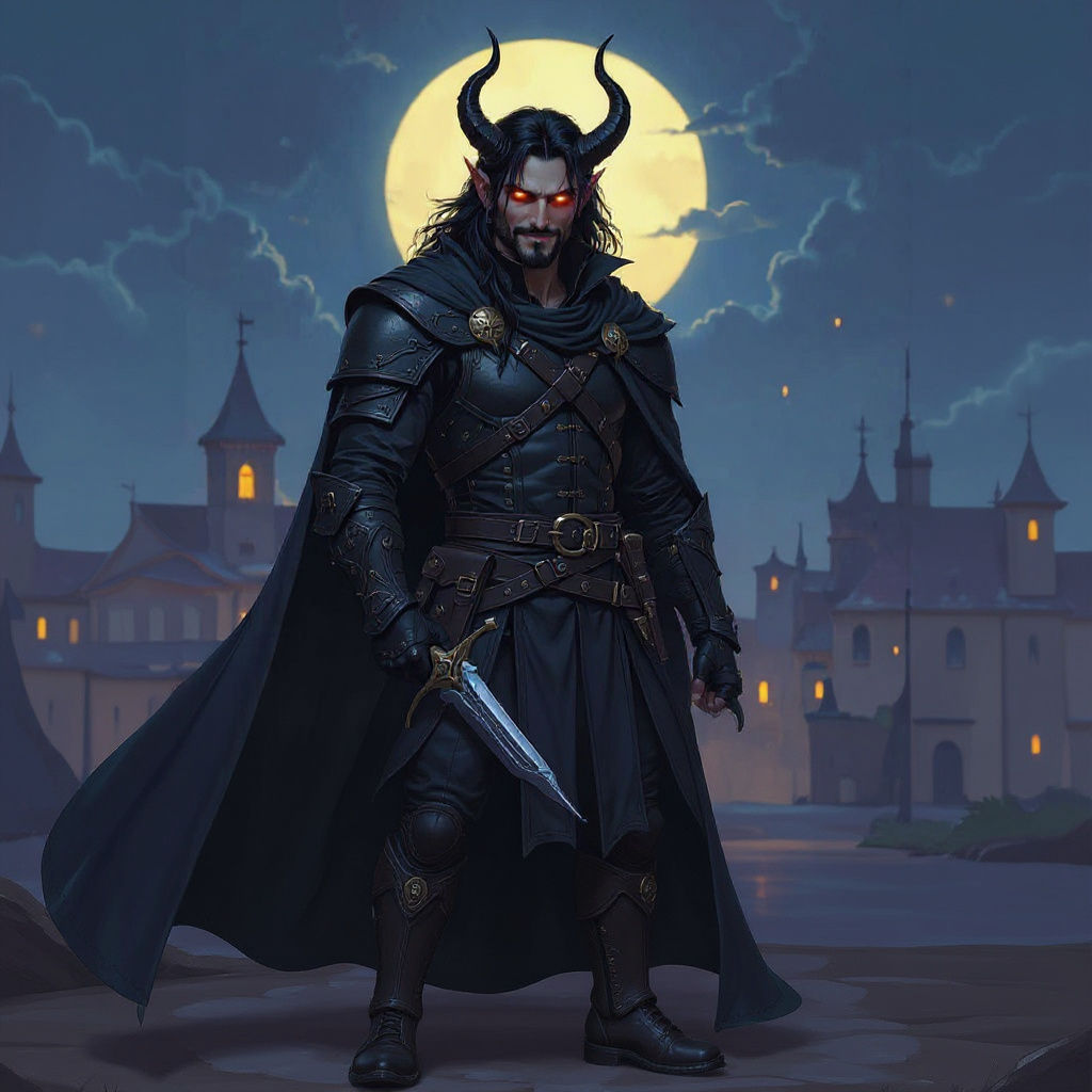 Tiefling Rogue on Rooftop, Dark Fantasy Art