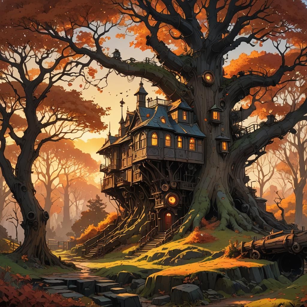 Steampunk Mouse in Autumn Landscape, Art Nouveau Style