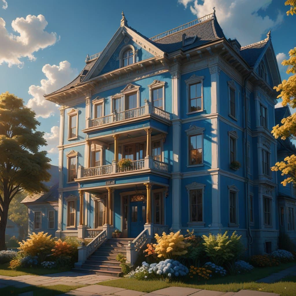 Majestic Blue and White Estate Under Azure Skies