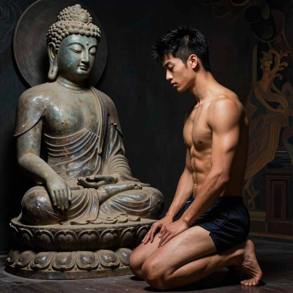 Japanese Man Kneels Before Buddha Statue in Neo-Romantic Sty...