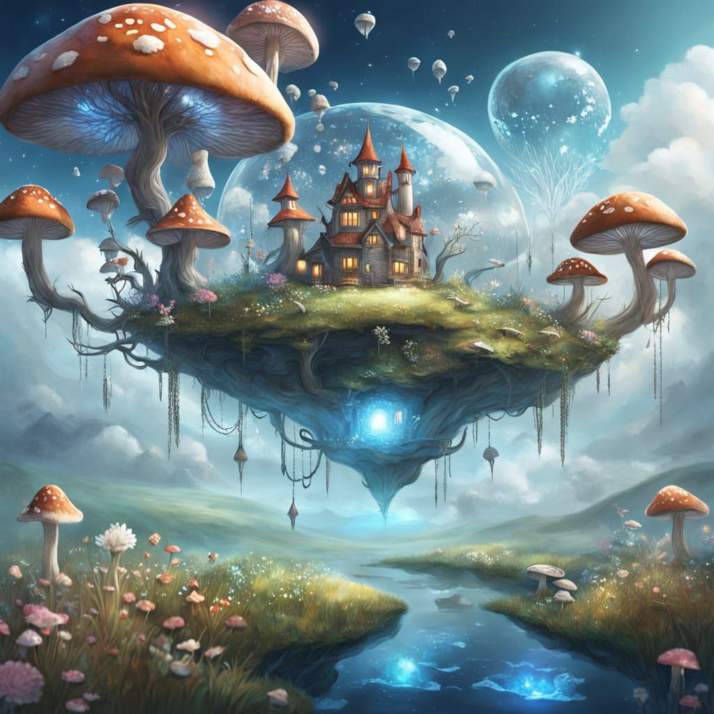 Whimsical Floating Island Oasis in Pastel Light