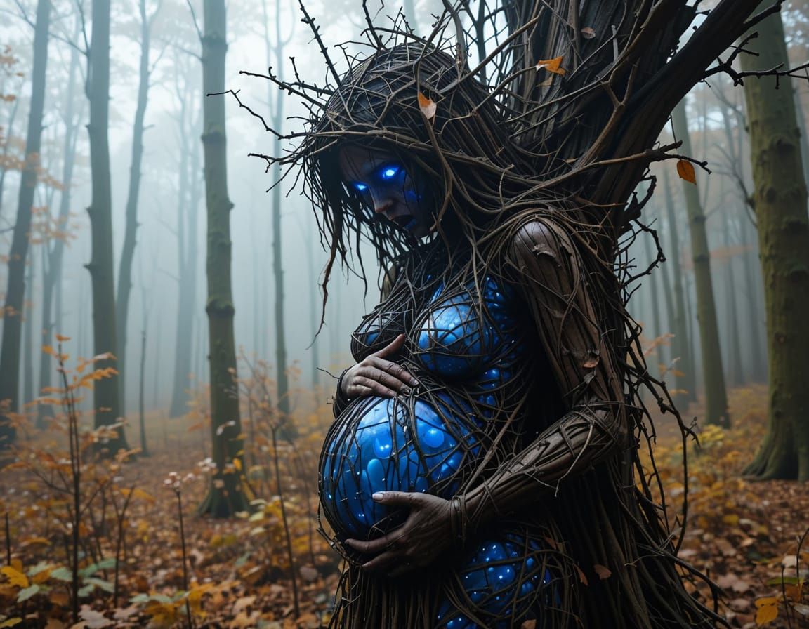 A Pregnant Goddess Emerges in a Haunting Autumn Forest