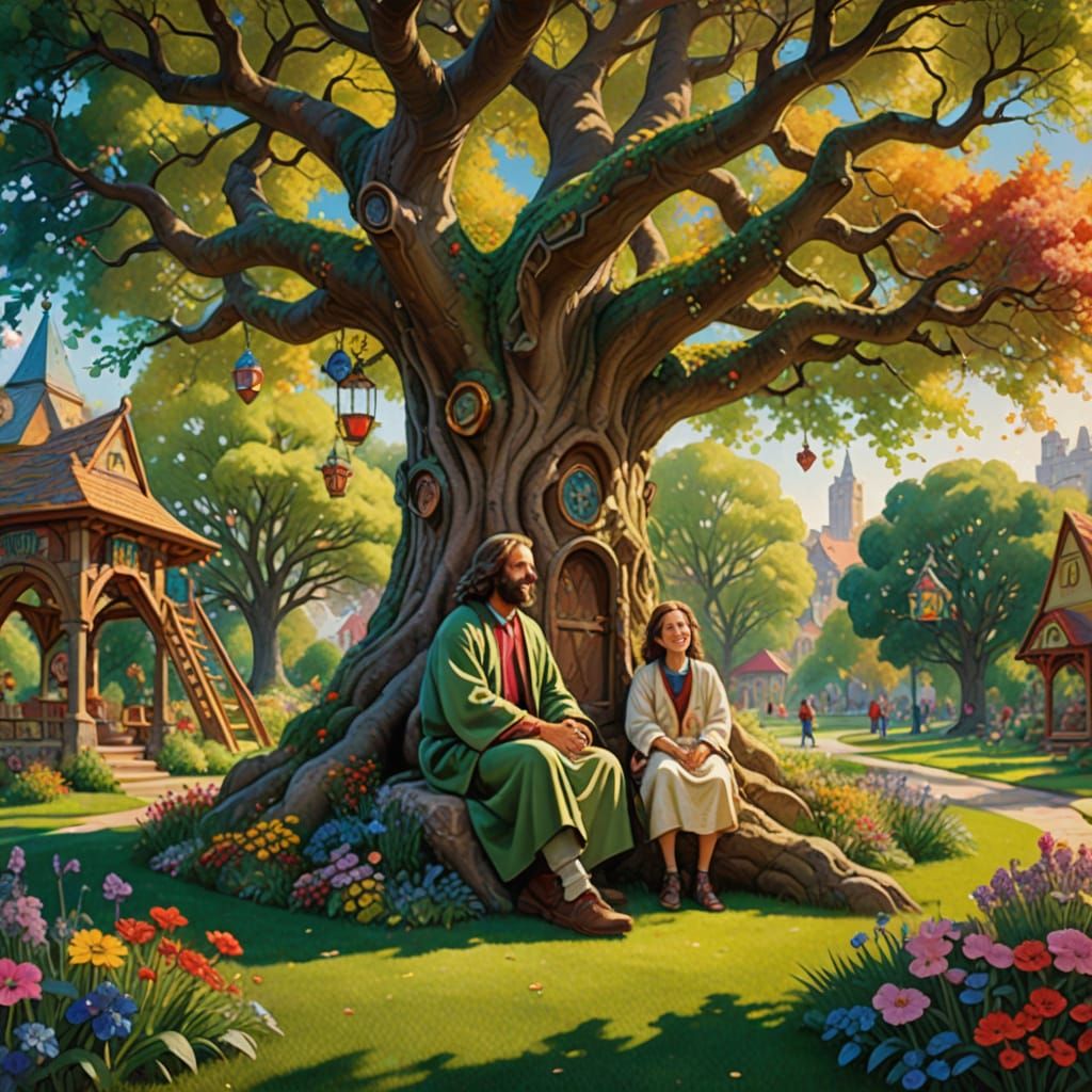 Benevolent Savior Watches Children at Play in a Vibrant, Idy...