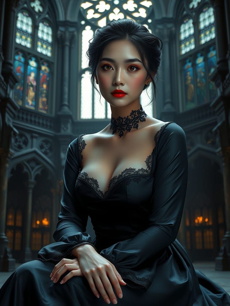 Majestic East Asian Goddess in Gothic Castle