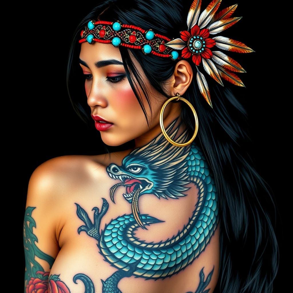 Native American Girl with Traditional and Japanese Tattoo Ar...