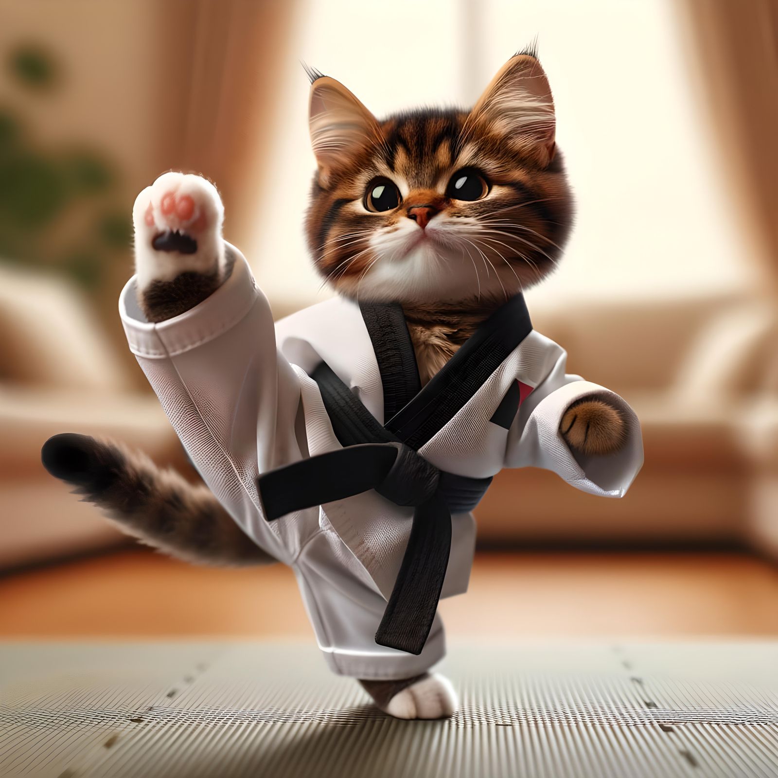 Adorable Feline Martial Artist Performs High Kick