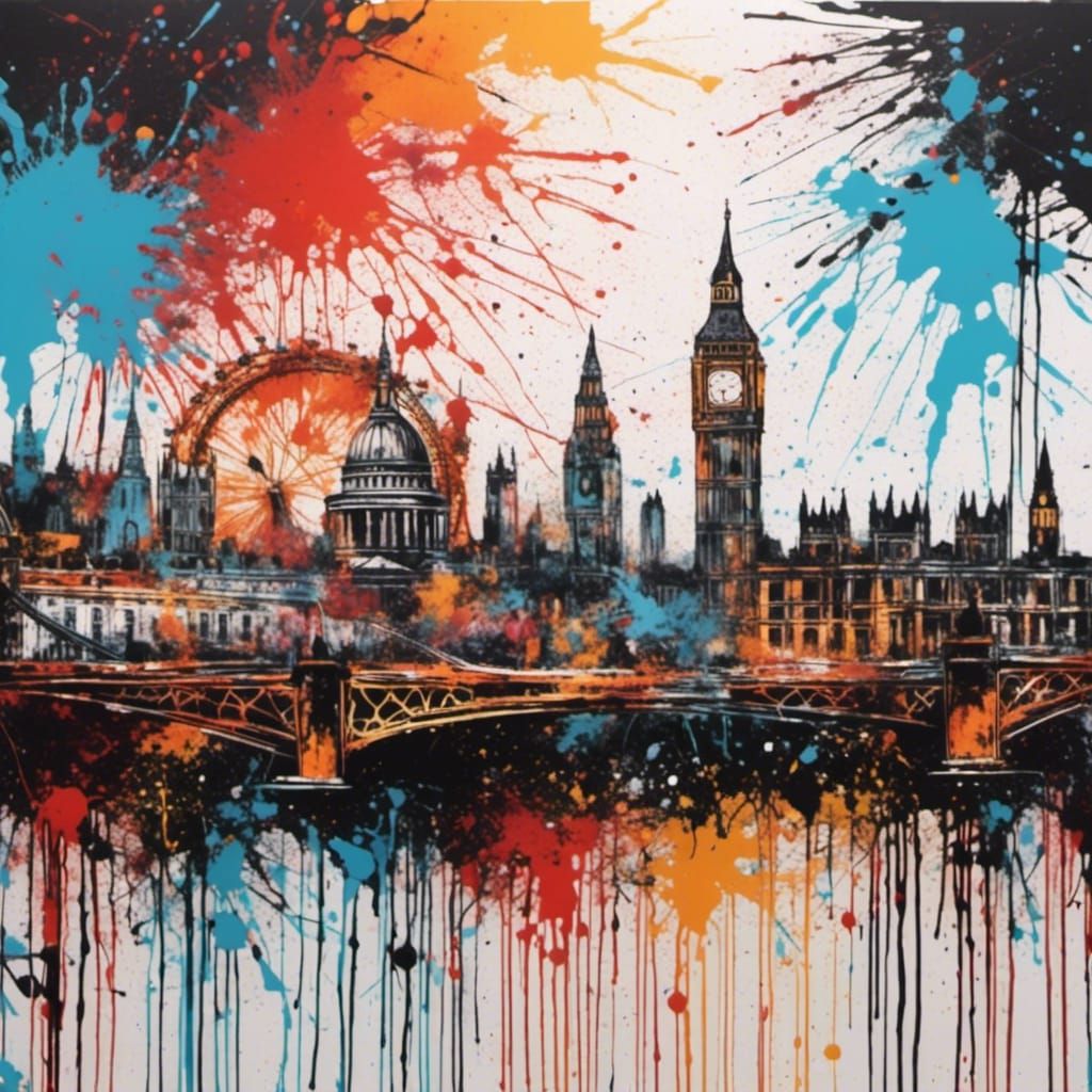 London Cityscape at Night in Splatter Graffiti Style