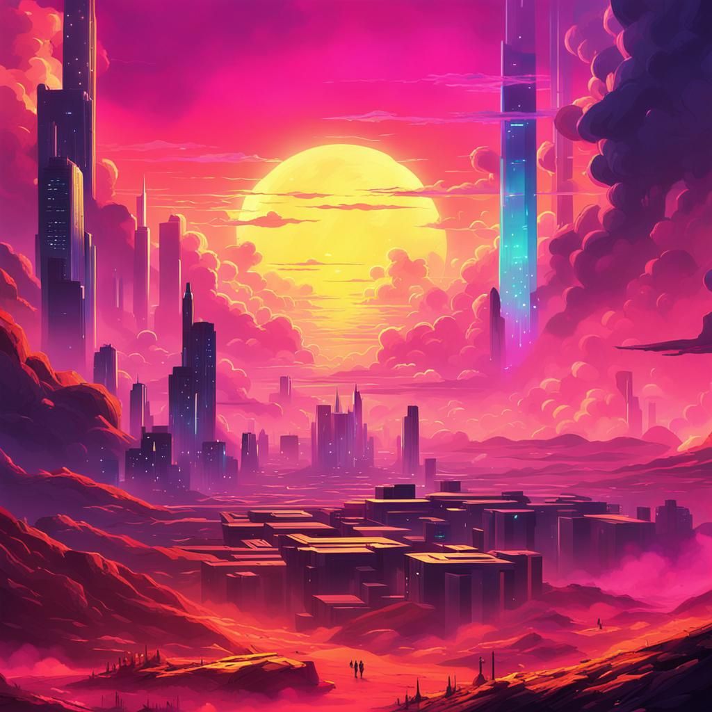 Heavenly Cyberpunk Landscape with Golden Clouds