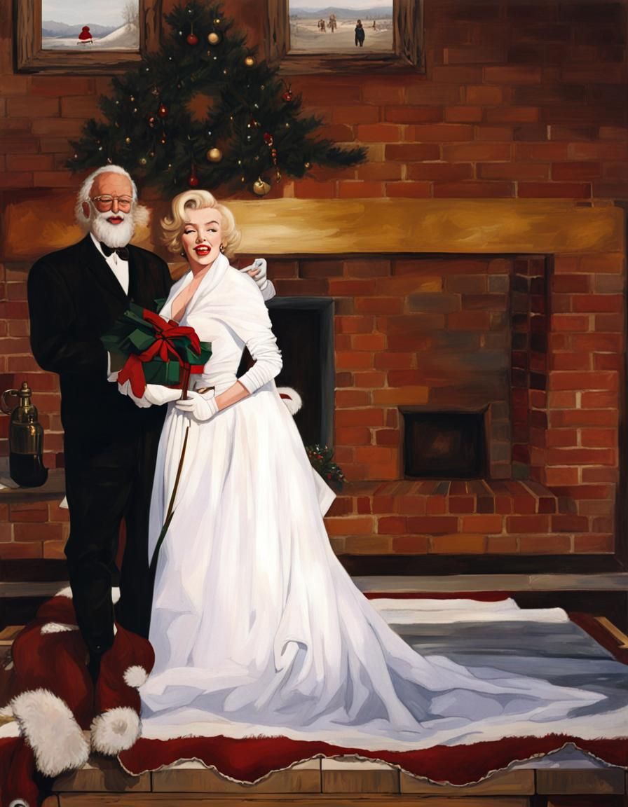 Marilyn Monroe, Santa, and a Fan by Fireplace