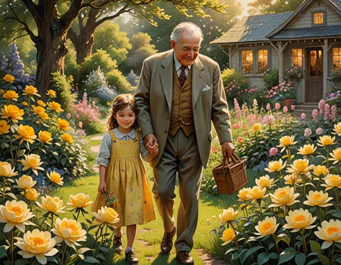 Child and Grandfather Stroll Through Vibrant Garden