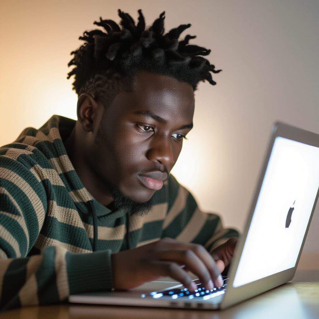 Young African Activist Lit by Laptop Glow, Supporting Traoré