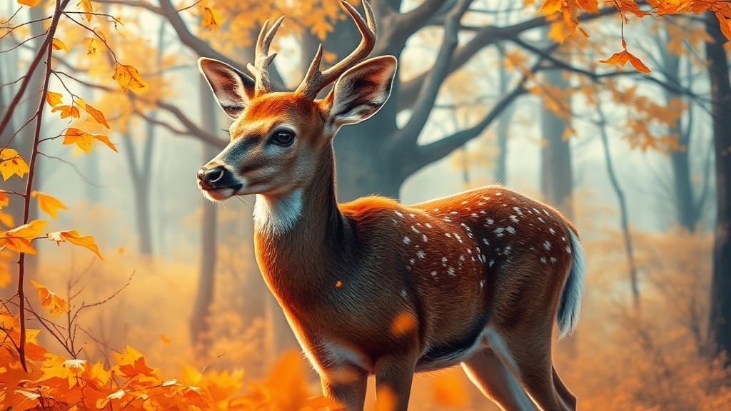 Autumn Fawn in Watercolor Landscape with Celtic Motifs