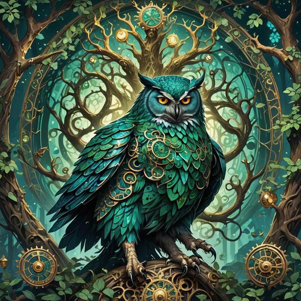 Blue Owl Leopard King in Emerald Fantasy Art