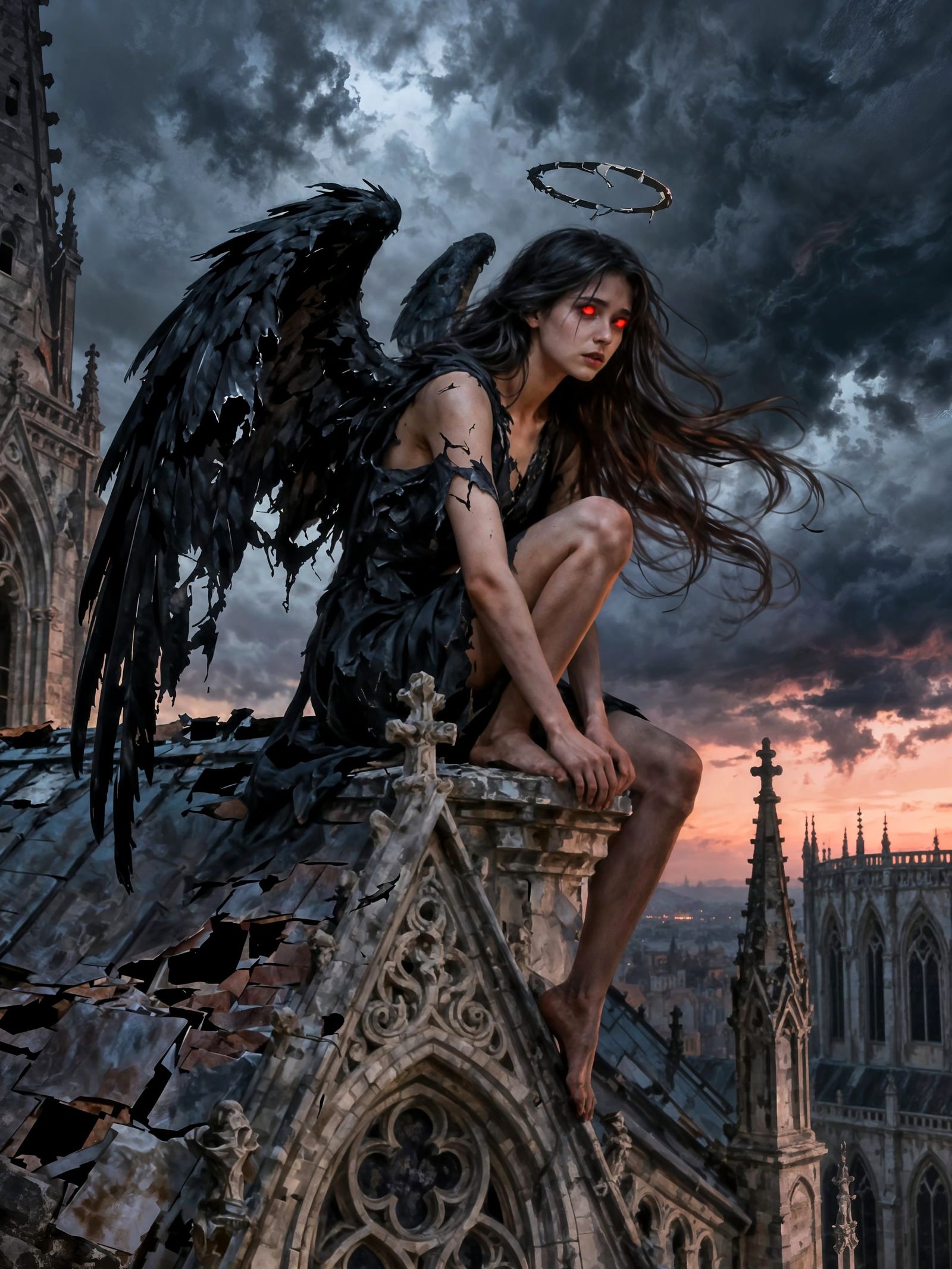 Sorrowful Fallen Angel on Gothic Cathedral Rooftop