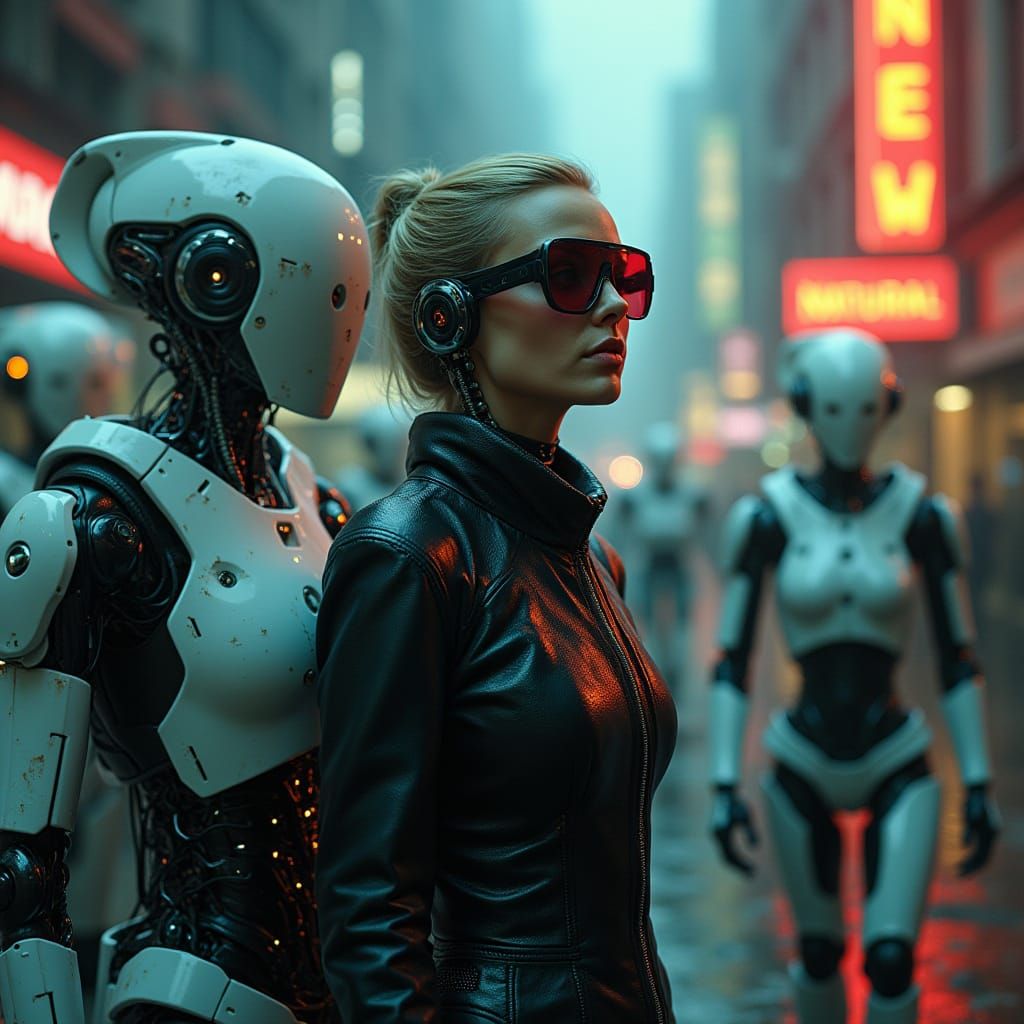 Cyberpunk Goddess Surrounded by Futuristic Robots