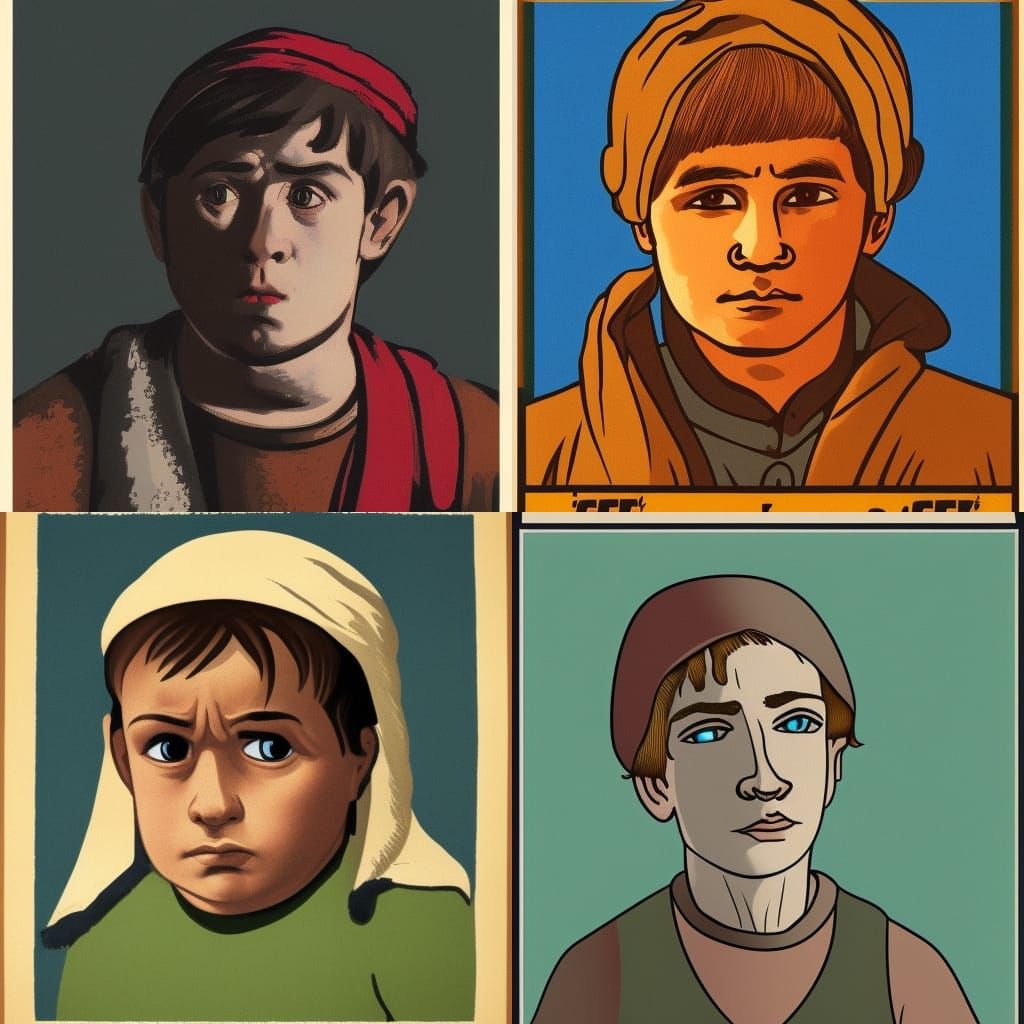 Sad Peasant Boy in Soviet Propaganda Poster Style